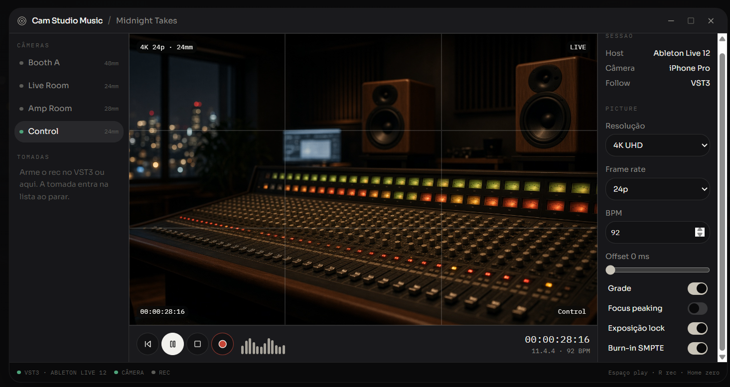 App desktop do Cam Studio Music com câmeras ao vivo do estúdio