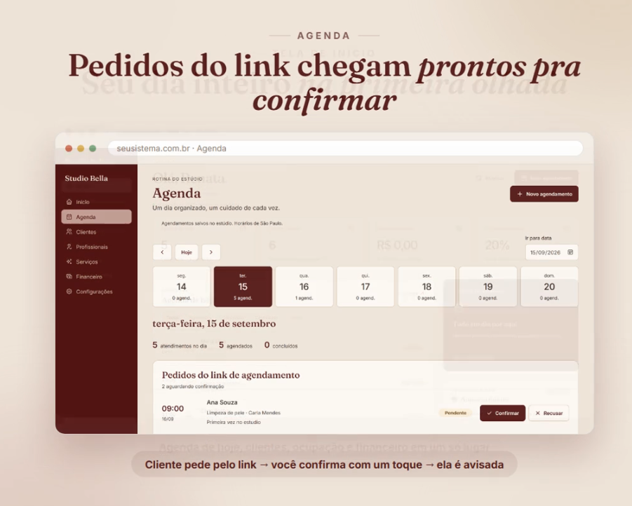 Agenda do ERP Salão com pedidos de agendamento prontos para confirmar