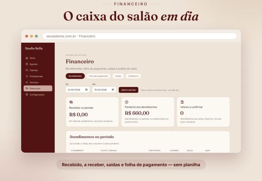 Financeiro com recebimentos, pendências e folha de pagamento