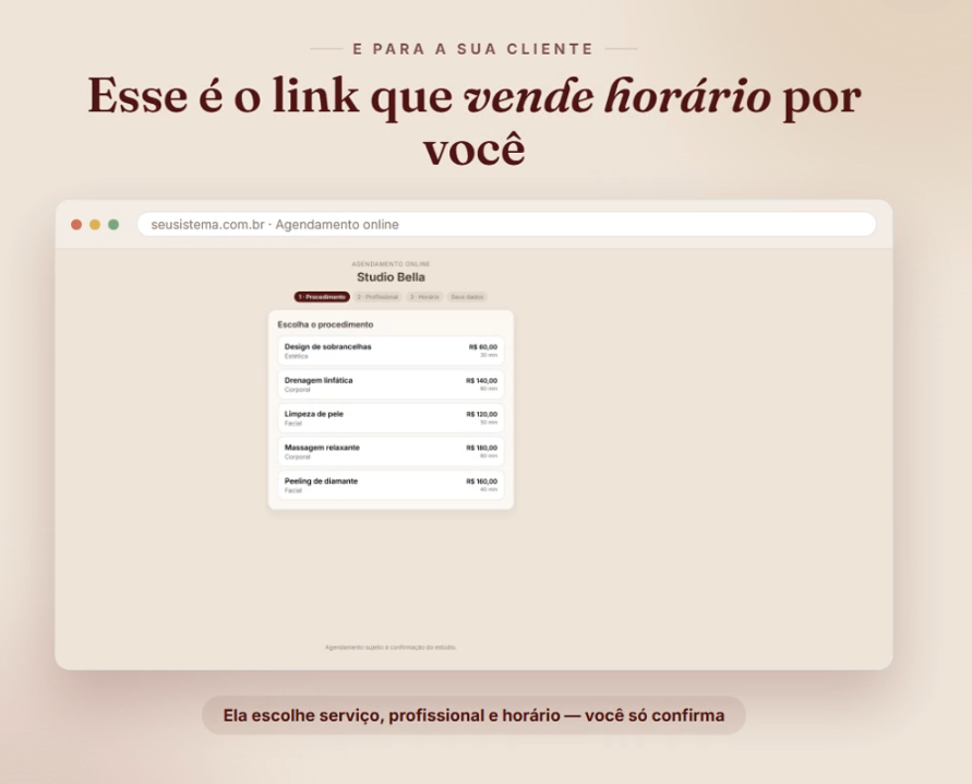 Página de agendamento online que a cliente acessa pelo link