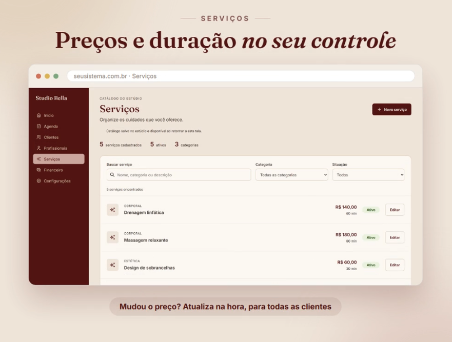 Catálogo de serviços com preços e duração